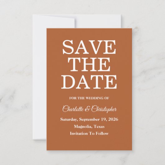 Save The Date Terracotta moderne Brunt Orange Mariage de automne (Devant)