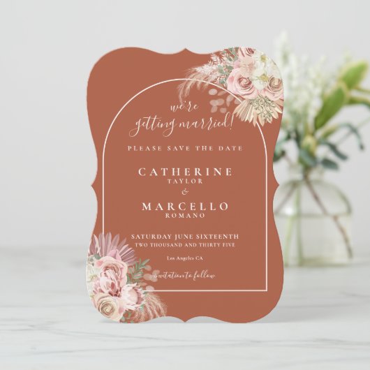 Save The Date Terracotta Pampas Grass Boho Arch Mariage (Debout devant)