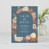 Save The Date Terracotta Pumpkin Floral Dusty Blue Wedding (Debout devant)