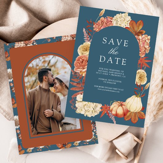 Save The Date Terracotta Pumpkin Floral Dusty Blue Wedding