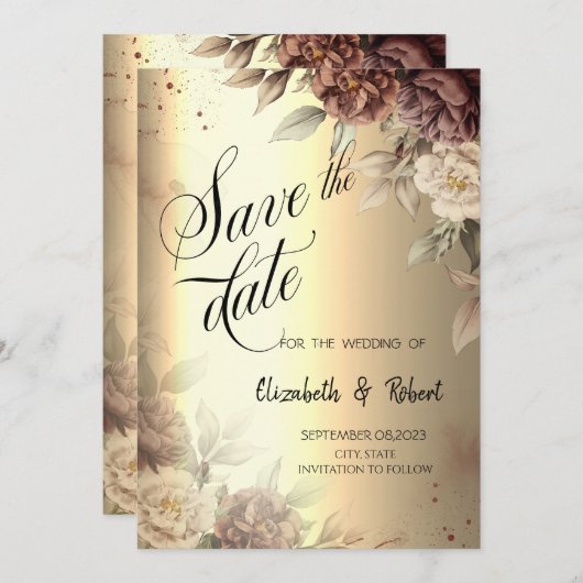 Save The Date Terracotta Roses Élégant Script Or Enregistrer La  (Devant / Derrière)