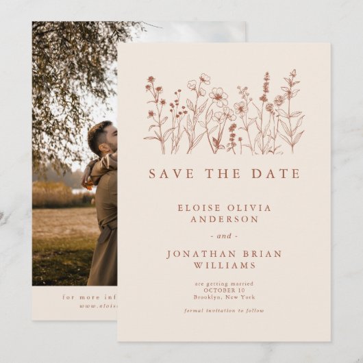 Save The Date Terracotta Rustic Floral Fall Fleur sauvage Photo (Devant / Derrière)