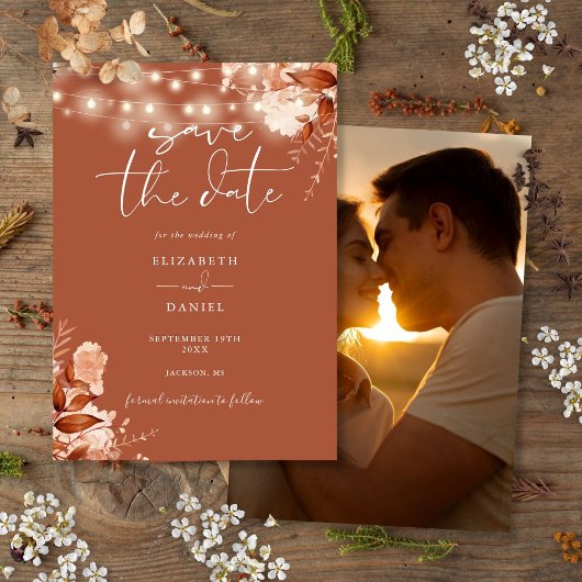 Save The Date Terracotta Rustic Floral Lumières Photo Mariage de