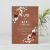 Save The Date Terracotta Sage Bourgogne Floral Mariage géométriq (Debout devant)