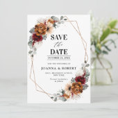 Save The Date Terracotta Sage Bourgogne Floral Mariage géométriq (Debout devant)