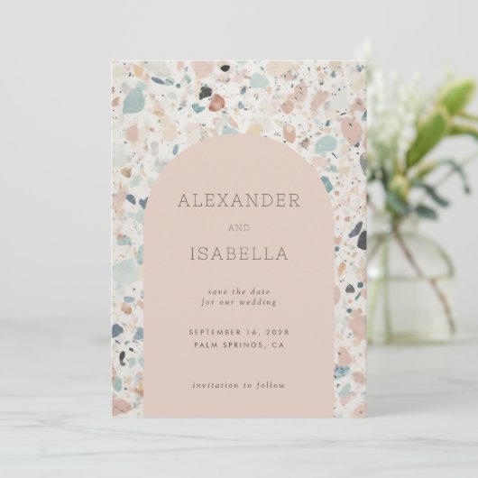 Save The Date Terrazzo Blush Apricot Pastel Retro Arch Mariage (Debout devant)