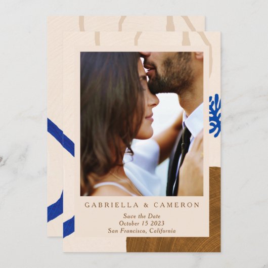 Save The Date Terre Abstrait Automne Neutrals Mariage photo bleu (Devant / Derrière)