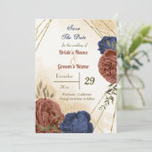 Save The Date terre cuite bleu marine floral vert (Debout devant)