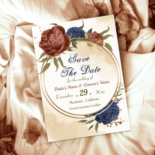 Save The Date terre cuite bleu marine floral vert