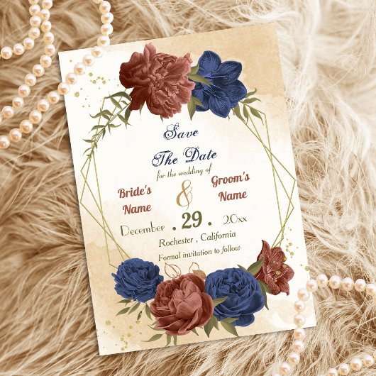 Save The Date terre cuite bleu marine floral vert
