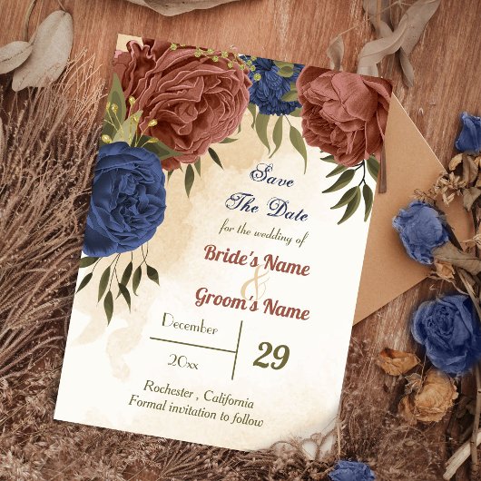 Save The Date terre cuite bleu marine floral vert