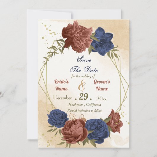 Save The Date terre cuite bleu marine floral vert (Devant)