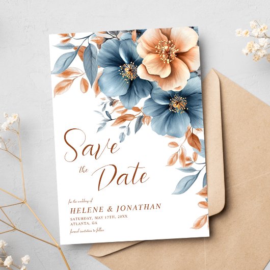 Save The Date Terre cuite bleue poussière Jardin Élégant Mariage