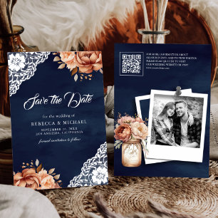 Save The Date Terre cuite Fleurs Marine Code QR Photo Mariage