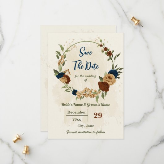 Save The Date terre cuite tonalité marine floral vert mariage (Devant/Arrière en situation)