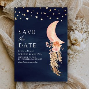 Save The Date Terre Floral Croissant Lune Mariage bleu marine