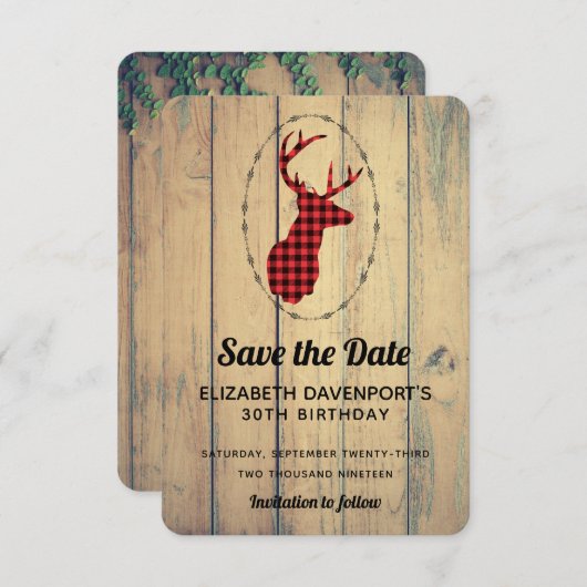 Save The Date Tête de cerf - Red Plaid Rustic Enregistrer la dat (Devant / Derrière)