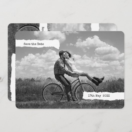 Save The Date Texte de machine à écrire en papier déchirée moder (Devant / Derrière)