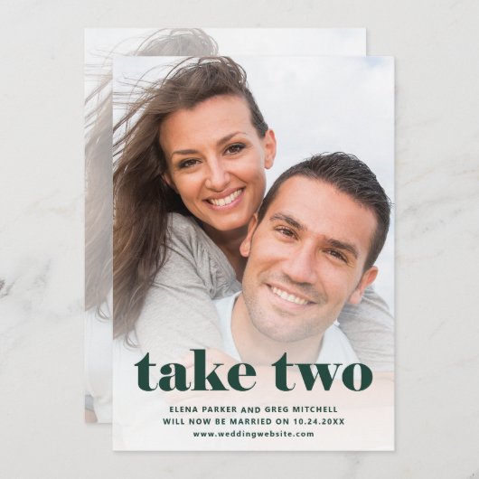 Save The Date Texte décontracté | Deux photo Emerald Green repro (Devant / Derrière)