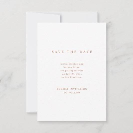 Save The Date Texte et photo en terre cuite simple et élégant |  (Dos)