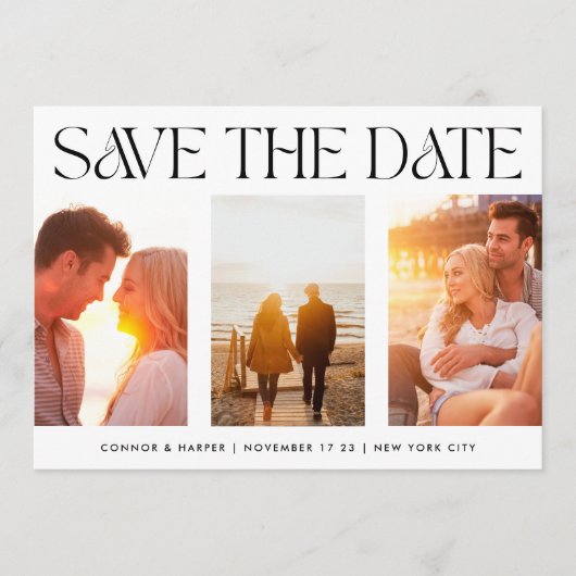 Save The Date TEXTE MODERNE FUNKY | Trois photos multiples (Devant)