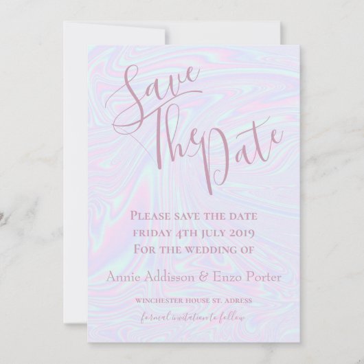 Save The Date Texture à effet holographique faux bleu (Devant)