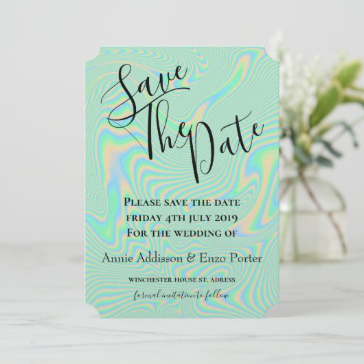 Save The Date Texture holographique verte Liquide Faux (Debout devant)