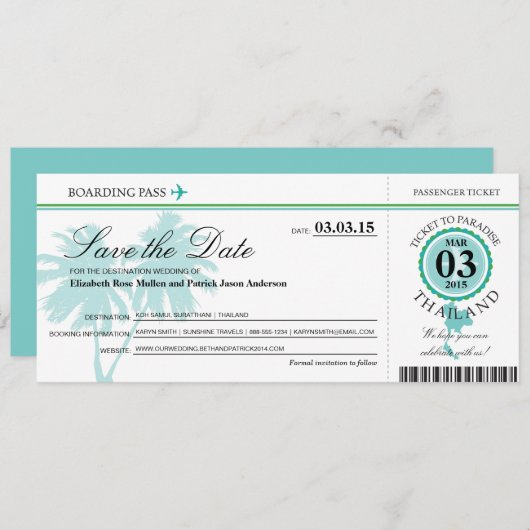 Save The Date Thaïlande Boarding Pass Enregistrer la date (Devant / Derrière)