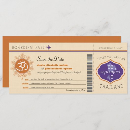 Save The Date Thaïlande Boarding Pass Enregistrer la date (Devant / Derrière)