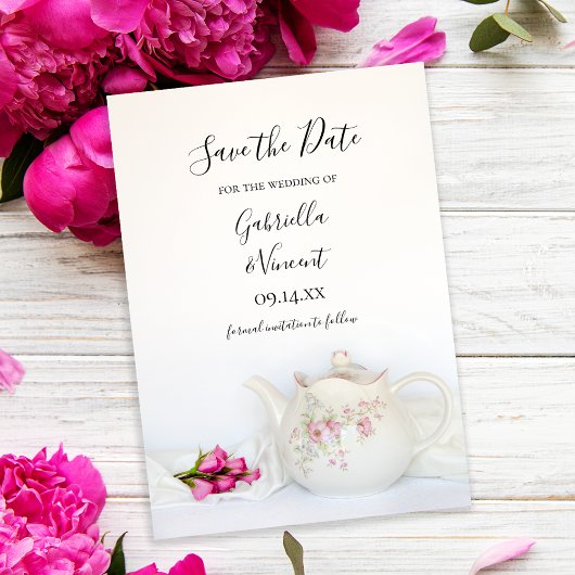 Save The Date Thé Teapot avec Roses Roses Rose Partie Enregistre