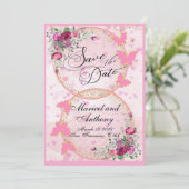 Save The Date Thème Papillons Roses Simples Faire Part de Date (Debout devant)
