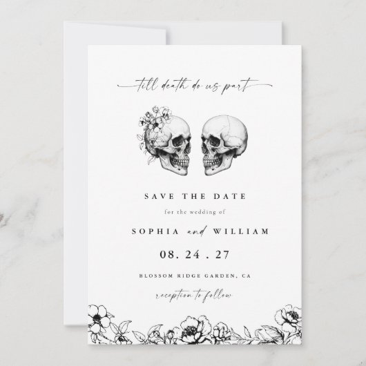Save The Date Til Death Gothique Crâne Floral Mariage photo (Devant)