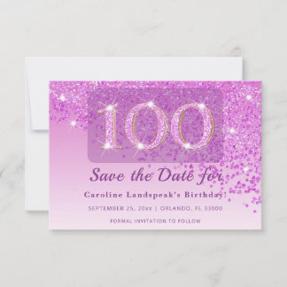 Save The Date Timeless 100th Birthday Pink Glitter Frosted 
