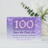 Save The Date Timeless 100th Birthday Purple Glitter Frosted (Debout devant)