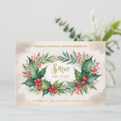 Save The Date Timeless Christmas Holly Branches 3 Photos Classic (Debout devant)
