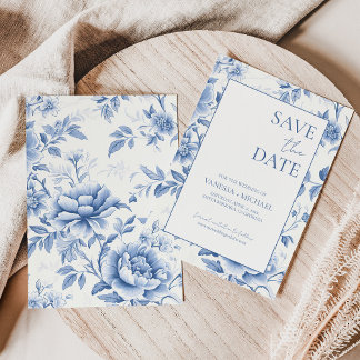 Save The Date Toile Bleu Floral De Jouy