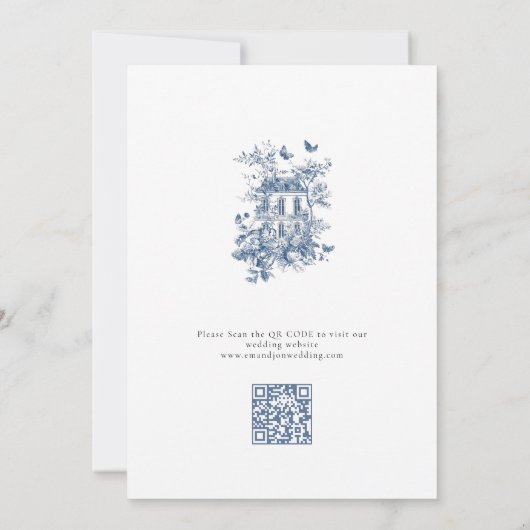 Save The Date Toile Bleue De Jouy QR Mariage Enregistrer la date (Dos)