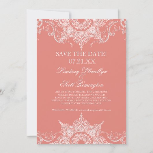 Save The Date Toile Damask Swirl Enregistrer les dates Coral PIn (Devant)
