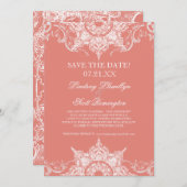 Save The Date Toile Damask Swirl Enregistrer les dates Coral PIn (Devant / Derrière)