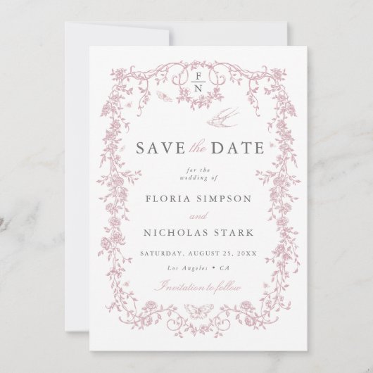 Save The Date Toile de Jouy Mariage Sauvez la date Dusty rose (Devant)
