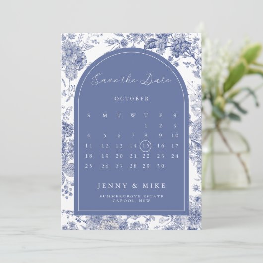 Save the Date Toile Franse Blauwe Tuin Bloemen Kaart (Staand voorkant)