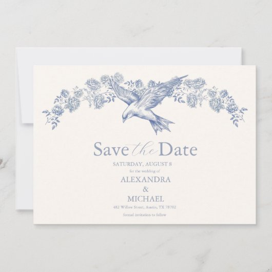 Save The Date Toile victorienne Français Bleu Classique Mariage (Devant)