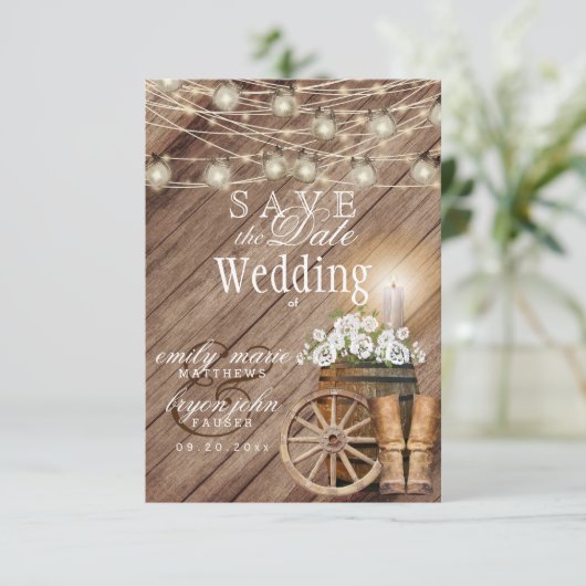 Save The Date Tonneau en bois rustique et fleurs blanches (Debout devant)