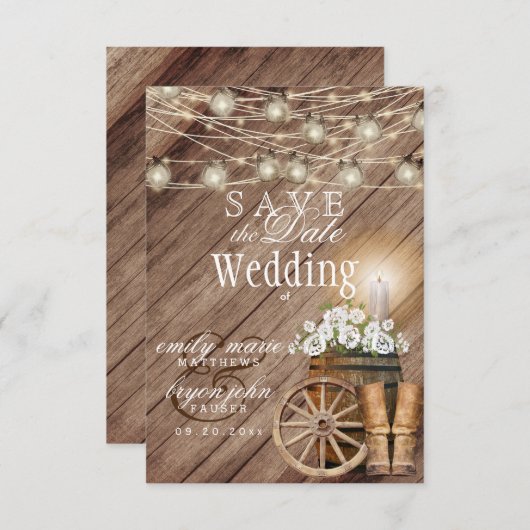 Save The Date Tonneau en bois rustique et fleurs blanches (Devant / Derrière)