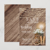 Save The Date Tonneau en bois rustique et guirlandes de lumières (Devant / Derrière)