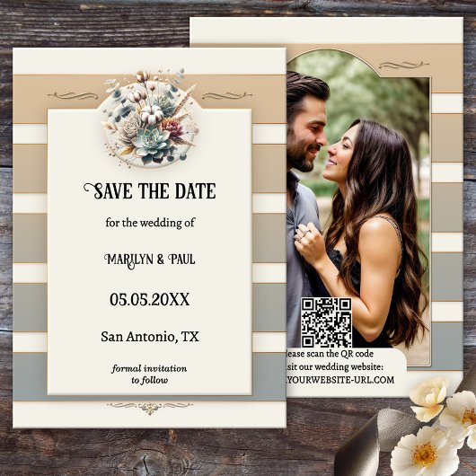 Save The Date Tons de la Terre rayées Photo florale Enregistrer 
