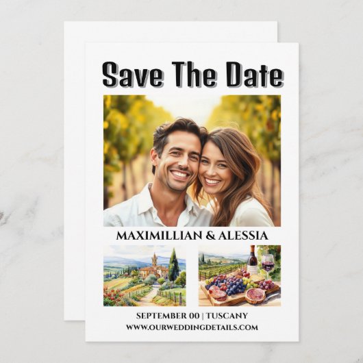Save The Date Toscane mariage destination aquarelle photo chic (Devant / Derrière)