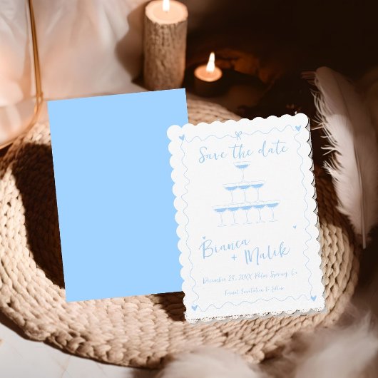 Save The Date Tour de champagne manuscrit bleu funky Mariage S