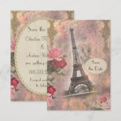 Save The Date Tour Eiffel et Roses Shabby Chic Carton de Faire-P (Devant / Derrière)