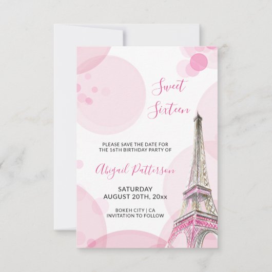 Save The Date Tour Eiffel Pink Paris Sweet 16 (Dos)